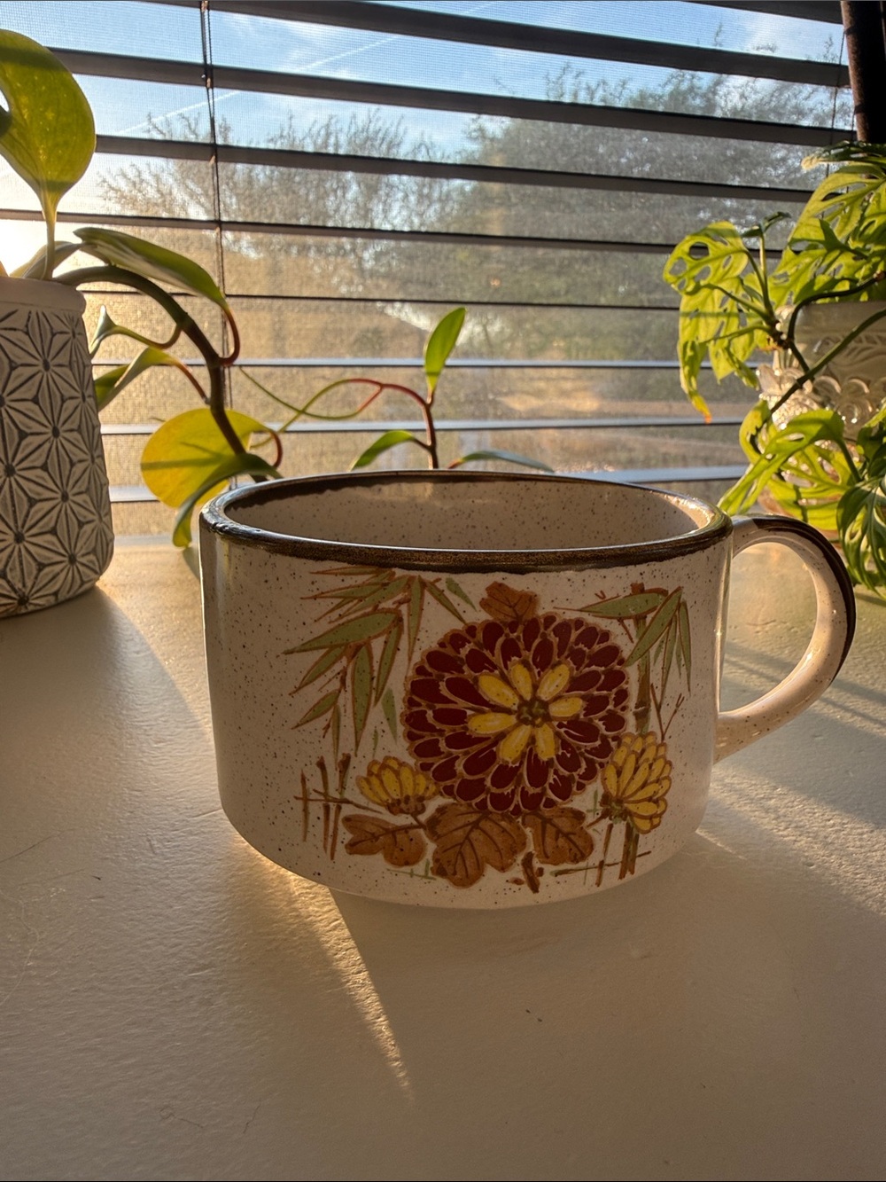 Ceramic Floral Mug -  Vintage, Japan Brown, Yellow, Green